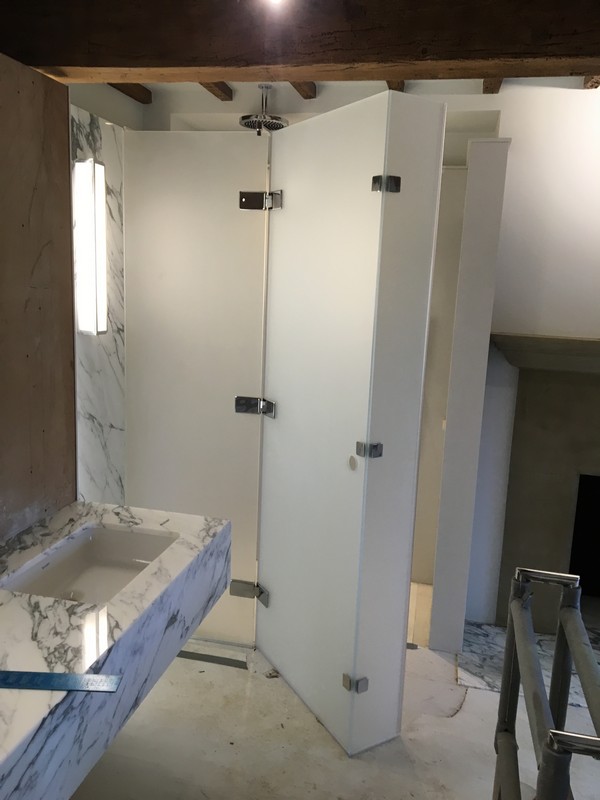 Bespoke frosted glass shower enclosure in Hatfield luxury bathroom